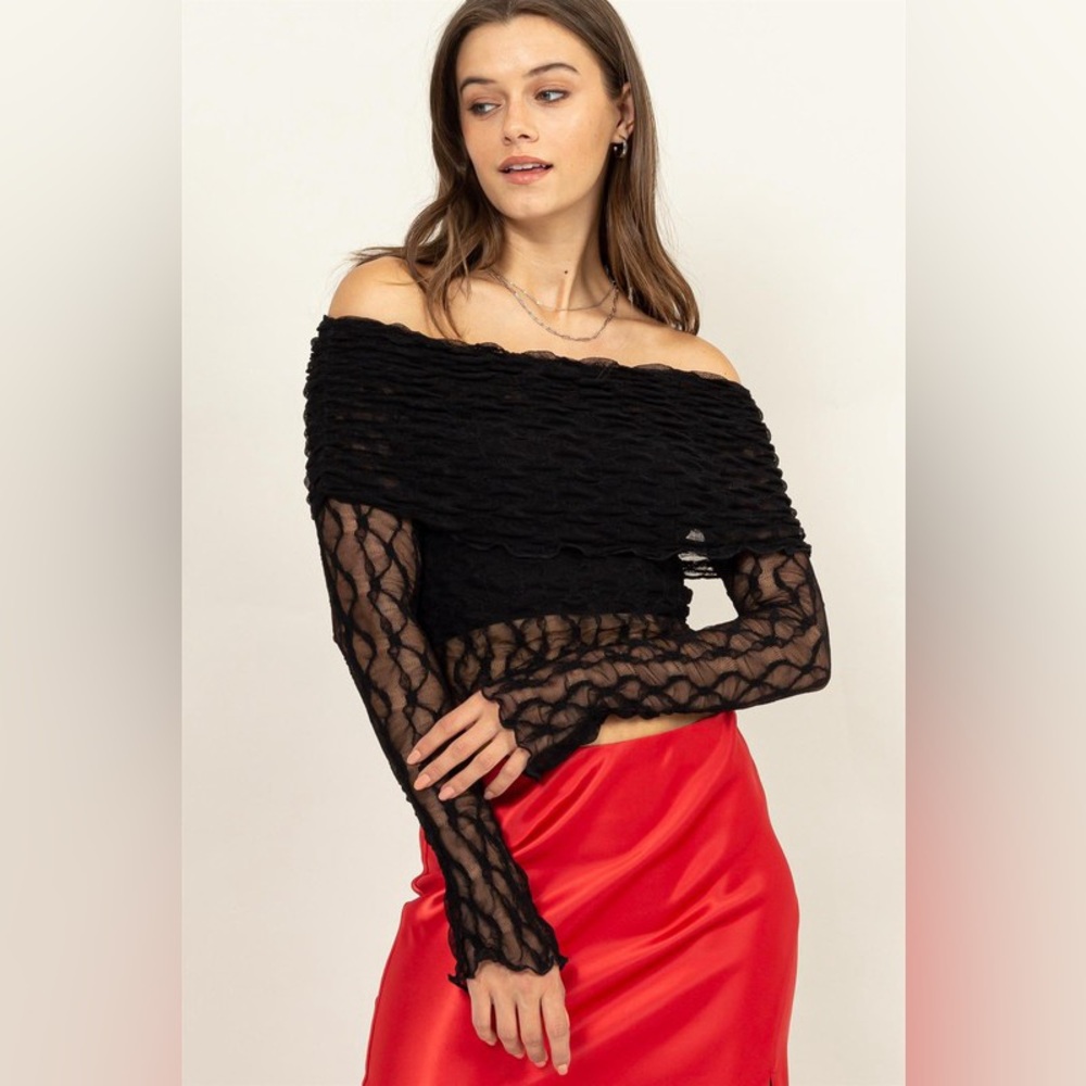 40B. Off Shoulder Lace Long Sleeve Top - Black